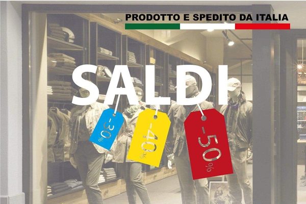 Vetrofanie Saldi SCONTI – Scritta Saldi – Decorazioni Saldi sconti – Fuori Tutto, Saldi vetrine Negozi, Stickers cartellini sconti Adesivo4You (116×80 cm.)
