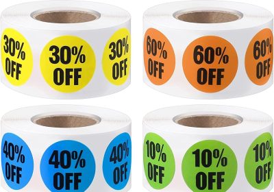 Taicols Etichette Promozionali 2,5 cm 3000 Pezzi 6 Rotoli 10%-60% di Sconto Etichette Prezzo Adesivi Sconto Autoadesivi Etichetta Sugli Adesivi di Vendita per Dettaglio (6)