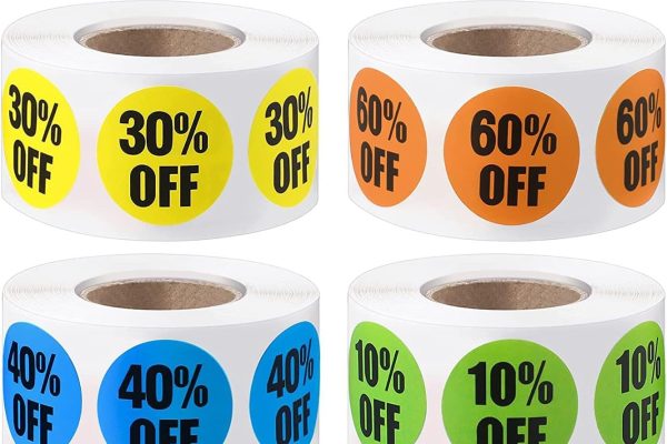 Taicols Etichette Promozionali 2,5 cm 3000 Pezzi 6 Rotoli 10%-60% di Sconto Etichette Prezzo Adesivi Sconto Autoadesivi Etichetta Sugli Adesivi di Vendita per Dettaglio (6)