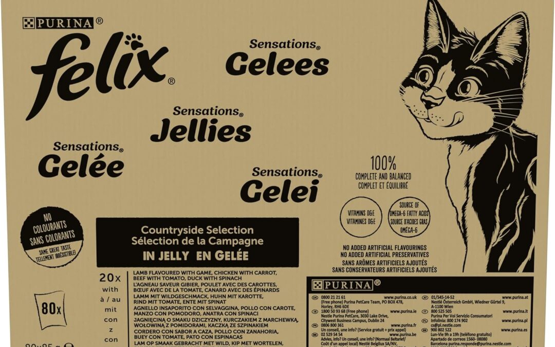 Purina Felix Sensations Cibo Umido per Gatti con Manzo, Pollo, Anatra, Agnello, 80 buste da 85g, 1 Unità (Confezione da 1)