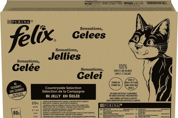 Purina Felix Sensations Cibo Umido per Gatti con Manzo, Pollo, Anatra, Agnello, 80 buste da 85g, 1 Unità (Confezione da 1)