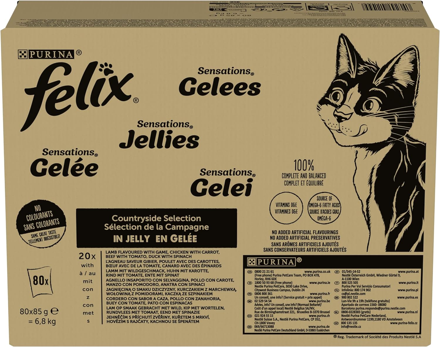 Purina Felix Sensations Cibo Umido per Gatti con Manzo, Pollo, Anatra, Agnello, 80 buste da 85g, 1 Unità (Confezione da 1)