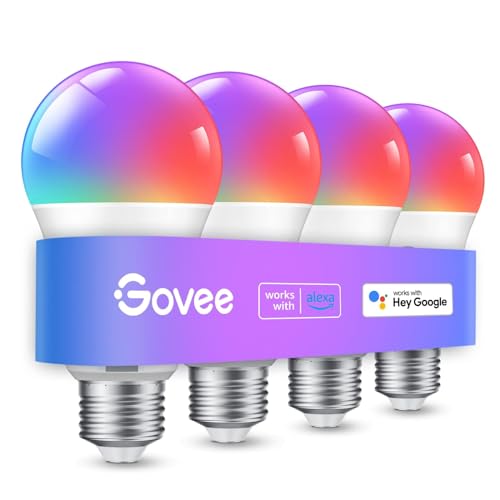 Govee Lampadina LED E27 Intelligenti WiFi e Bluetooth, Funziona con l’app Alexa Google Assistant Home, 16 Milioni di Colori RGBWW fai da te, Sincronizzazione Musicale Lampadina Smart, Set di 4