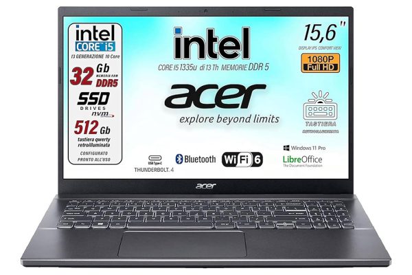 Super offerta: portatile Acer con 32GB RAM, Core i5-1335U e SSD 512GB scende a soli 634€!