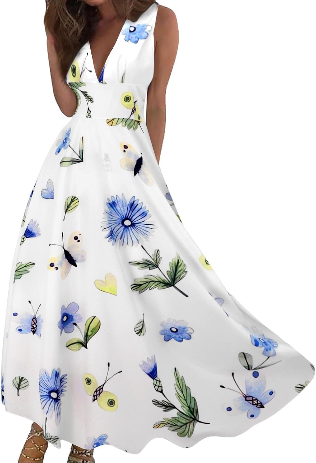 Generico Prendisole per Le Donne 2024 Primavera Estate Elegante Avvolgente Scollo a V Senza Maniche Maxi Abito Trendy Stampa Floreale Flowy Beach Dress Contenitore Porta Abiti