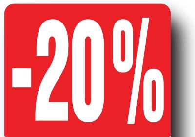 Affichesstore 30282 – Rotolo di 500 etichette adesive -20% – Formato quadrato 35x35mm – Lucidi – Adesivi – Adesivi Sconto Percentuale