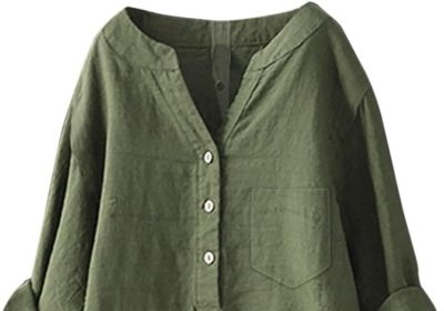 Cocila Camicetta da Donna a Maniche Lunghe in Cotone con Colletto rialzato Tinta Unita Camicia Fiori Camicia Donna Elegante Panna Camicetta Donna Sfiancata Manica Corta