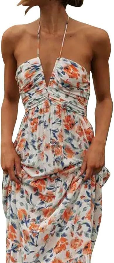 Cocila Abiti Lunghi Estivi Donna Abito Casual con Spalle Scoperte e Temperamento con Scollo a V e Bretelle da Donna Sacchetti per Camicie Vestito Elegante Estivo Abiti Donna Estivi da Spiaggia