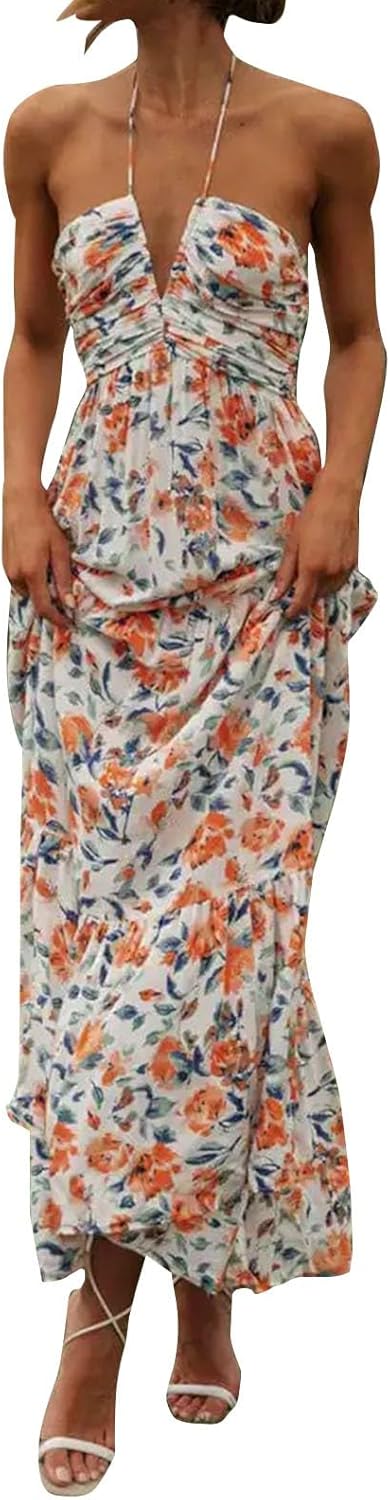 Cocila Abiti Lunghi Estivi Donna Abito Casual con Spalle Scoperte e Temperamento con Scollo a V e Bretelle da Donna Sacchetti per Camicie Vestito Elegante Estivo Abiti Donna Estivi da Spiaggia