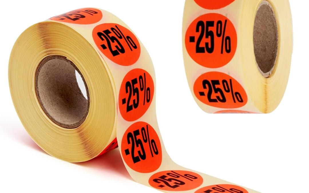 POKORNYS Etichette promozionali “-25%” I Etichette per merce ridotta I 2.000 adesivi di sconto in rosso brillante I etichette adesive rotonde permanenti con diametro di 32 mm