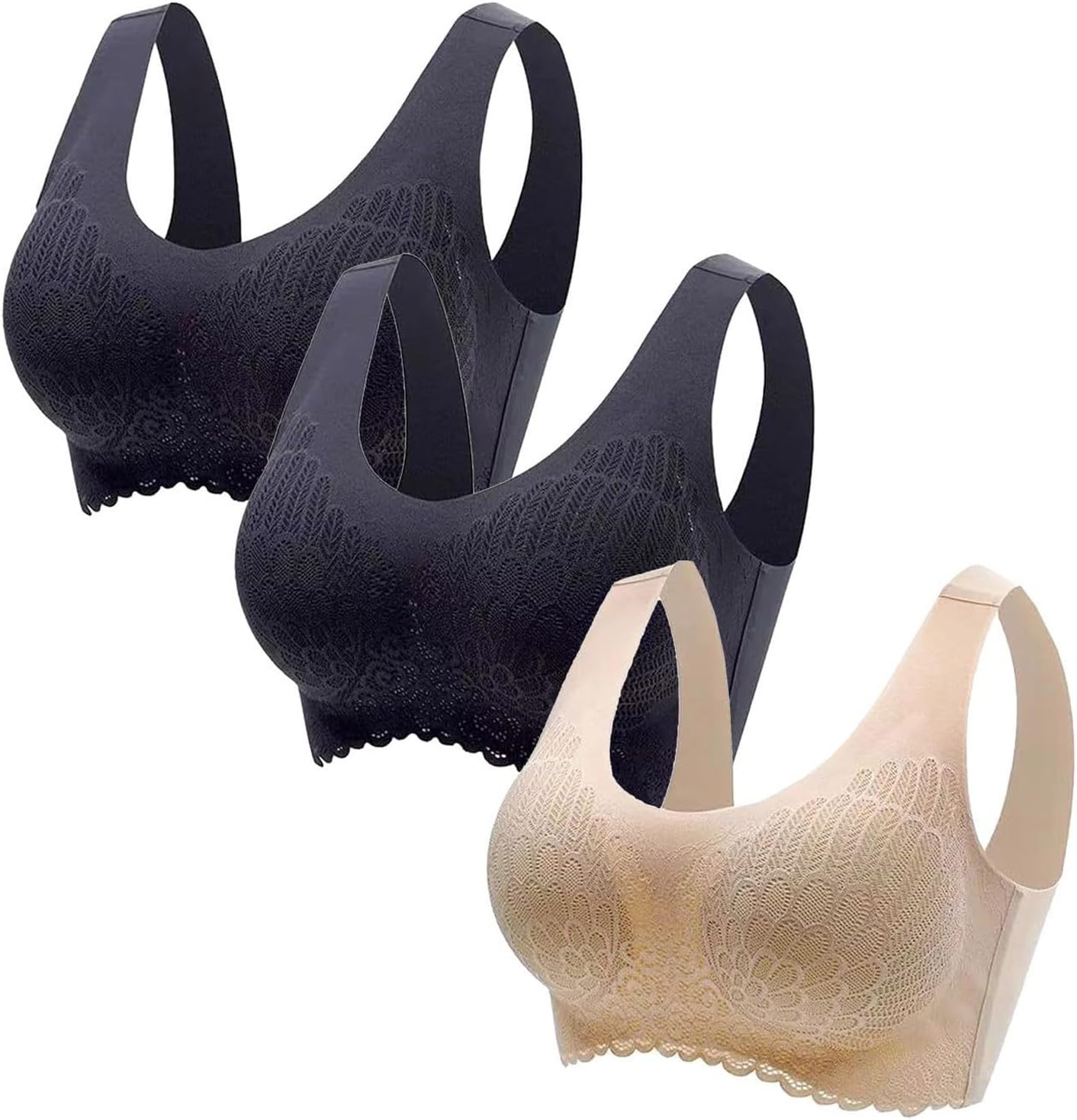 Uwdiohq Confezione da 3 Reggiseni da Donna Senza Ferretto Up Senza Ferretto Reggiseno Sportivo Comfort Reggiseno Imbottito in Pizzo Morbido Bustino Elasticizzato Senza Ferretto Tenuta Media