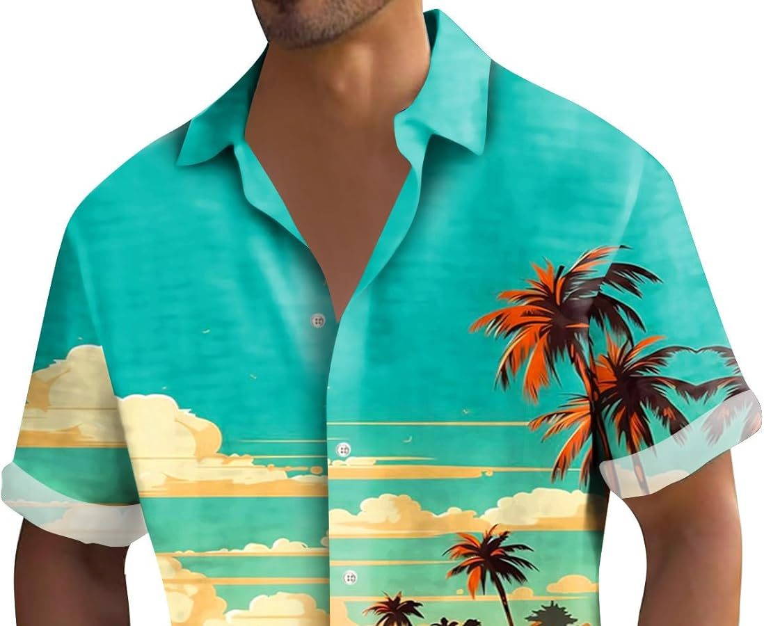 GDGTBNH Tunica Uomo Esterno Hawaiano Lunga Maglie Manica Corta Vacanza Leggero Sciolto Camicia Risvolto Stampa Pulsante Giacca