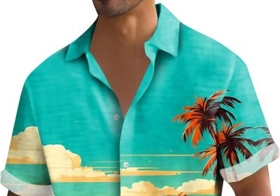 GDGTBNH Tunica Uomo Esterno Hawaiano Lunga Maglie Manica Corta Vacanza Leggero Sciolto Camicia Risvolto Stampa Pulsante Giacca