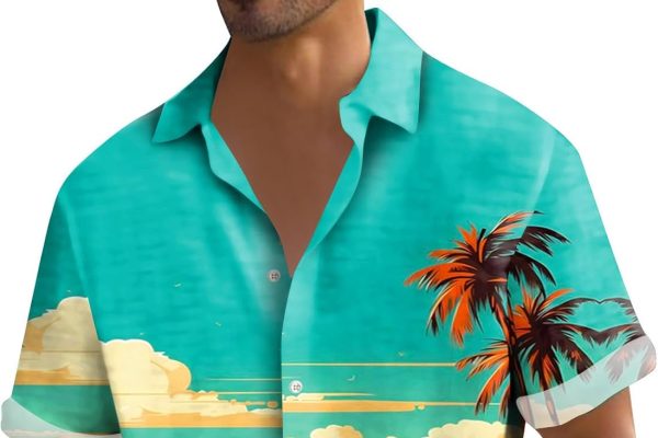 GDGTBNH Tunica Uomo Esterno Hawaiano Lunga Maglie Manica Corta Vacanza Leggero Sciolto Camicia Risvolto Stampa Pulsante Giacca