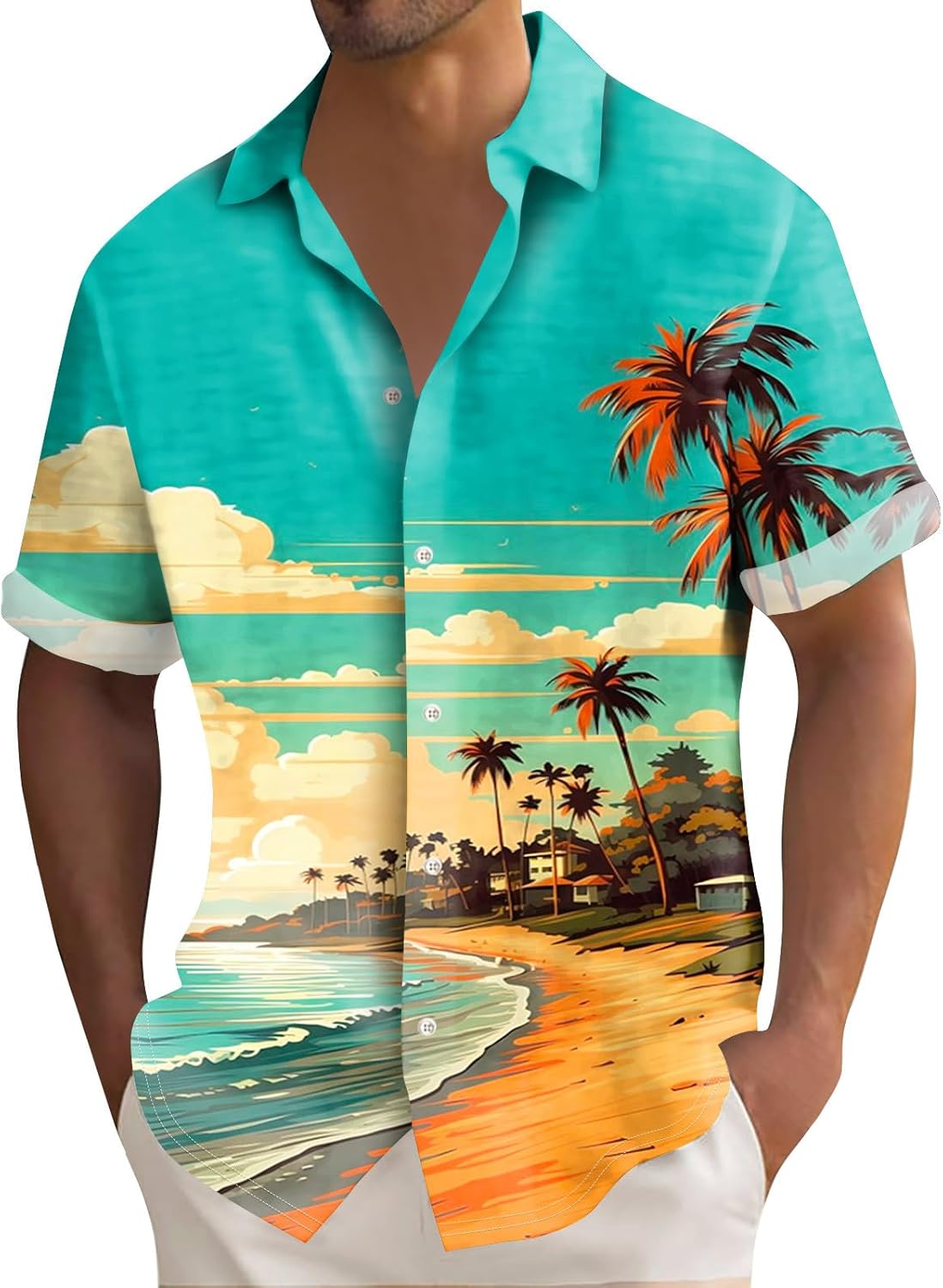 GDGTBNH Tunica Uomo Esterno Hawaiano Lunga Maglie Manica Corta Vacanza Leggero Sciolto Camicia Risvolto Stampa Pulsante Giacca