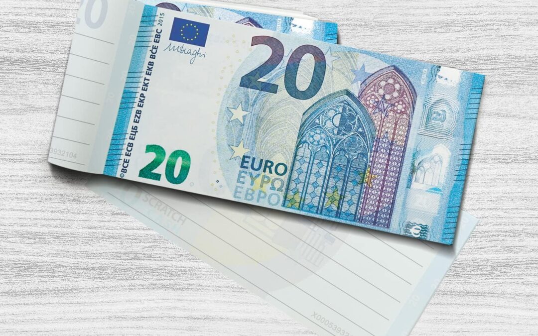 Scratch Cash Block 20 € Euro – 50 Banconote su cui Scrivere, Soldi Coupon, Block Notes, Buoni Sconto, Gadget (Dimensioni Aumentate al 125% Rispetto a Quelle Reali)