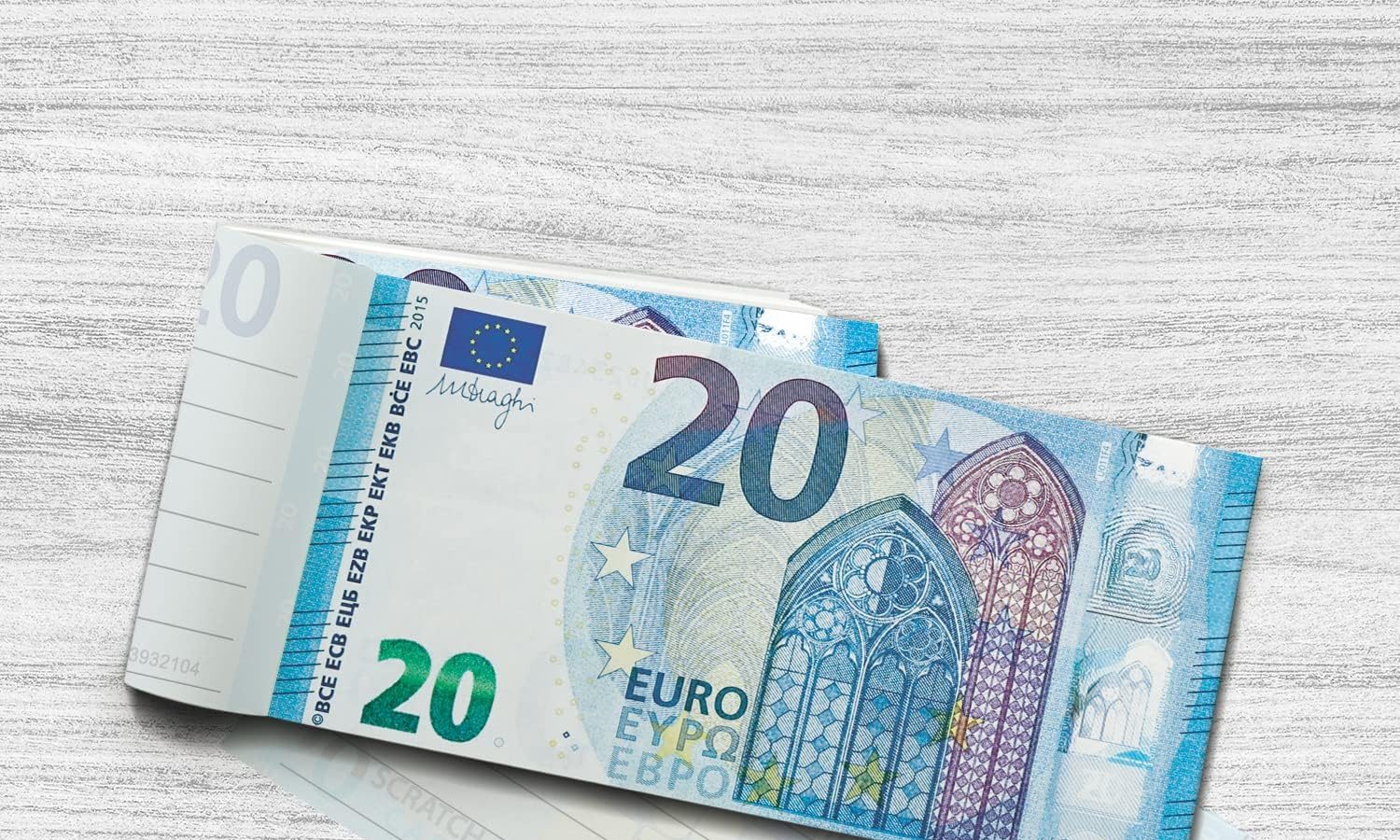 Scratch Cash Block 20 € Euro – 50 Banconote su cui Scrivere, Soldi Coupon, Block Notes, Buoni Sconto, Gadget (Dimensioni Aumentate al 125% Rispetto a Quelle Reali)