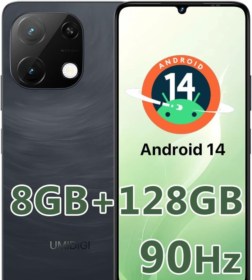 UMIDIGI G9T Smartphone Android 14 8GB Ram 128GB Rom 1TB Telefono Cellulare 6.75″ HD 90Hz,13MP 5MP Cellulari 5000mAh Batteria,Dual SIM,Fingerprint Face ID,2.4G 5G WiFi GPS OTG 2024 Nero