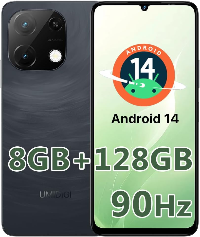 UMIDIGI G9T Smartphone Android 14 8GB Ram 128GB Rom 1TB Telefono Cellulare 6.75″ HD 90Hz,13MP 5MP Cellulari 5000mAh Batteria,Dual SIM,Fingerprint Face ID,2.4G 5G WiFi GPS OTG 2024 Nero