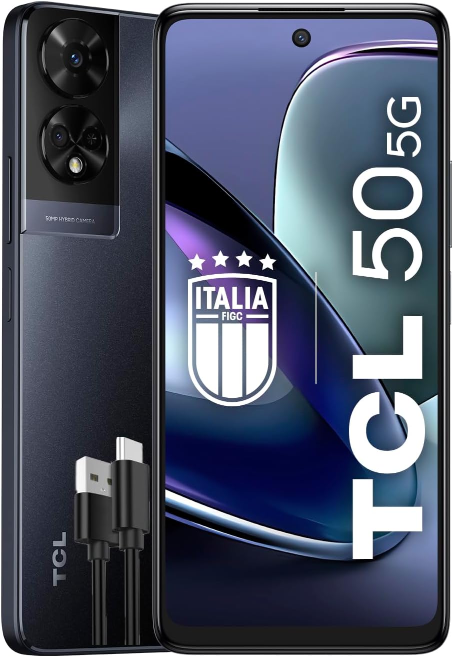 TCL Mobile 50 Smartphone 5G, Chipset MediaTek Dimensity 6100+, Display 6.56 pollici HD+ 90Hz, 128GB, 8GB RAM, 4GB e 4GB RAM expansion, Dual Camera Hybrid 50 MP, Android 14, 5010 mAh, Space Grey