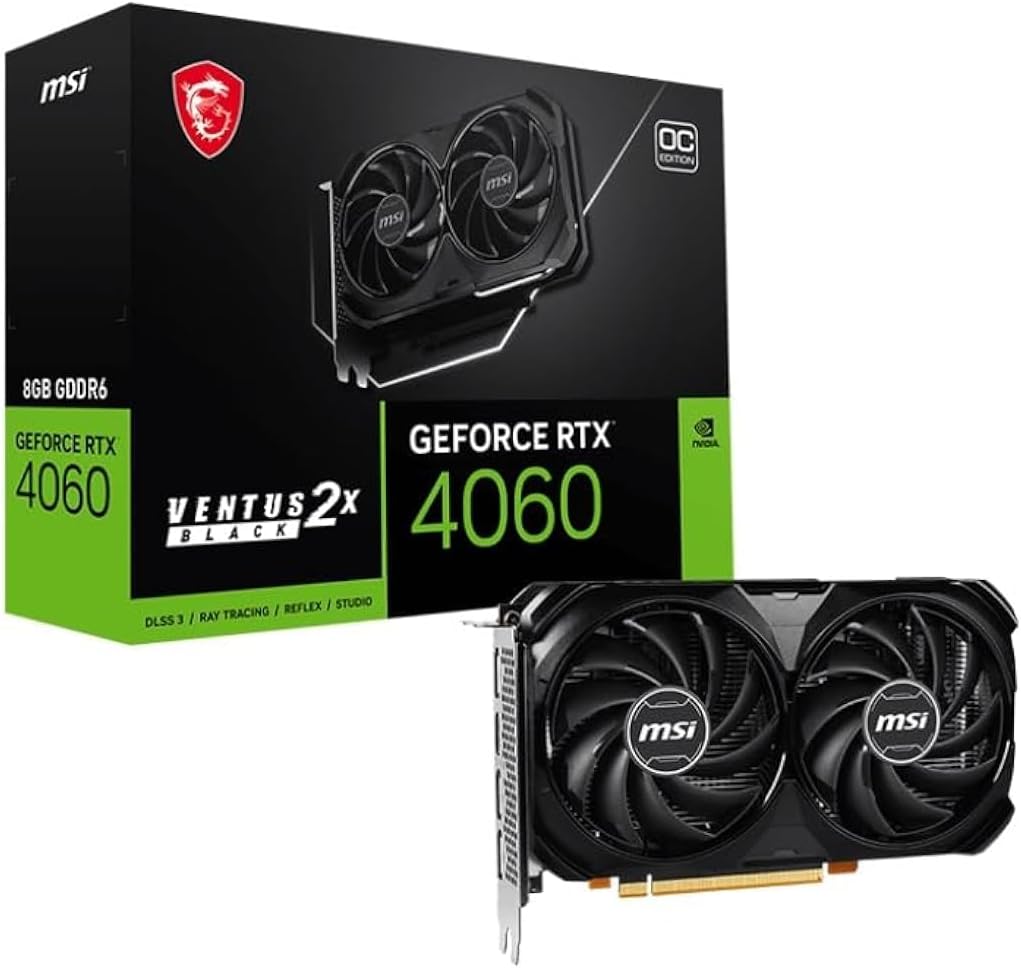 MSI GeForce RTX 4060 VENTUS 2X BLACK 8G OC Scheda Video Gaming, 8GB GDDR6 (17 Gbps / 128-bit), PCI Express Gen4, 8-pin x1, DisplayPort x3 (v1.4a), HDMI 2.1 – Ventole TORX 4.0, Tecnologia ZERO FROZR