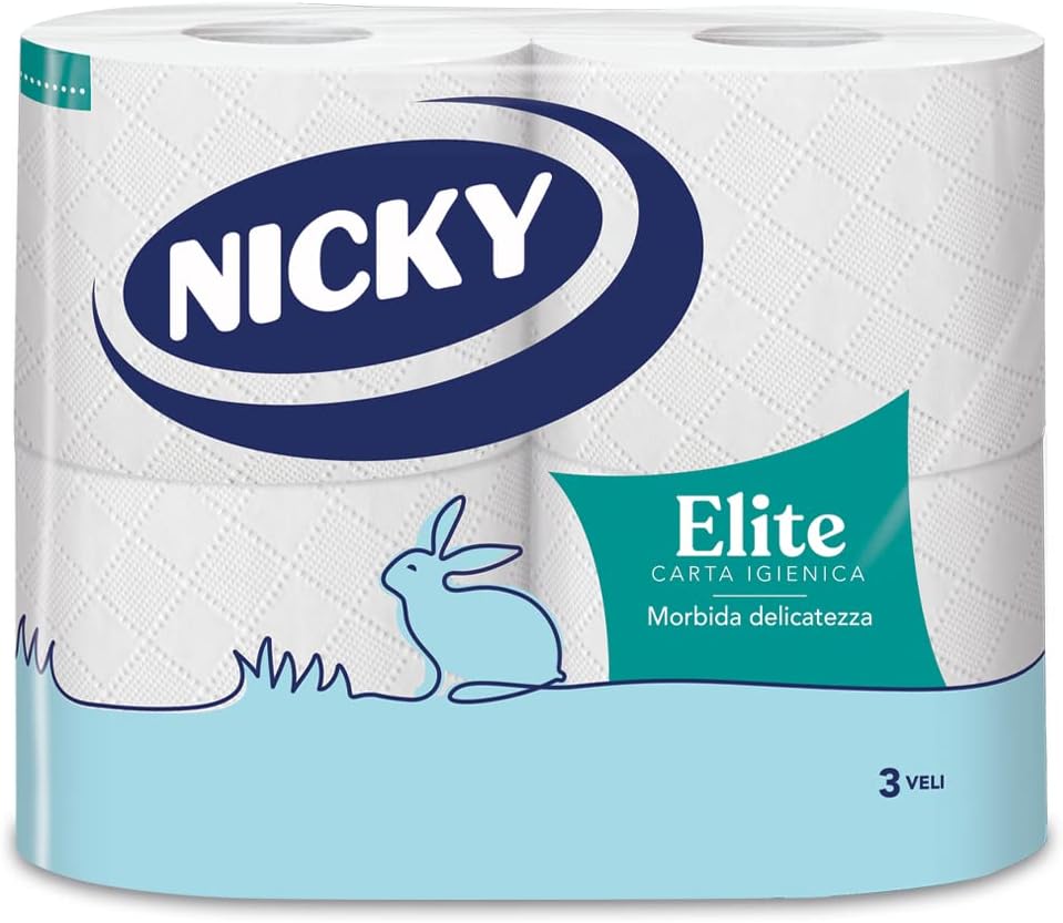 Nicky Elite – 4 Rotoli di Carta Igienica, 170 Soffici Fogli a 3 Veli, Morbida e Resistente a Contatto con la Pelle, Dermatologicamente Testata, Carta 100% Certificata FSC®