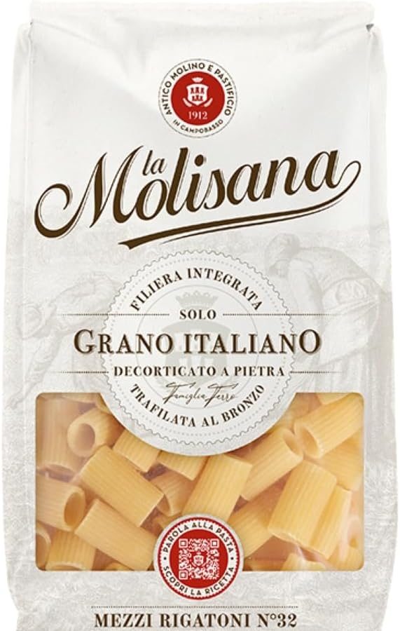 La Molisana, Mezzi Rigatoni n. 32, Pasta da Solo Grano Italiano – Trafilata al Bronzo, Ruvida e Tenace con Eccellente Tenuta in Cottura – Confezione da 500 g