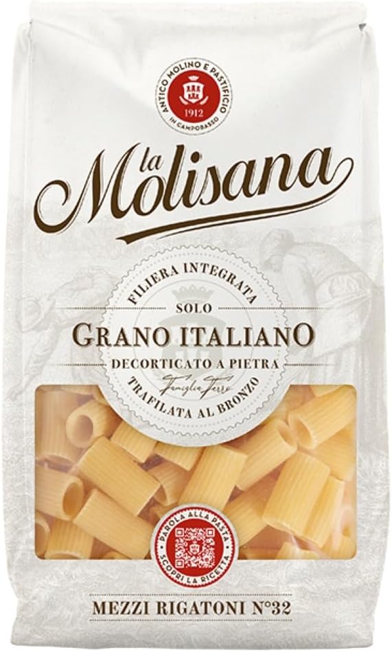 La Molisana, Mezzi Rigatoni n. 32, Pasta da Solo Grano Italiano – Trafilata al Bronzo, Ruvida e Tenace con Eccellente Tenuta in Cottura – Confezione da 500 g
