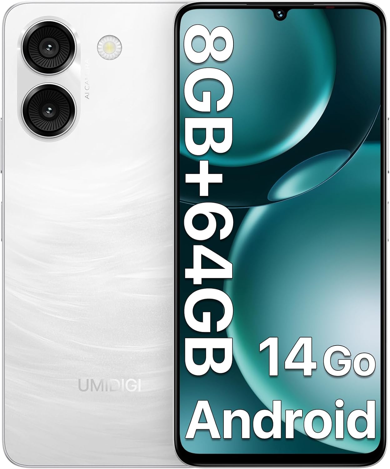 UMIDIGI G9A Smartphone, Android 14 Go Telefono Cellulare, 8GB+64GB/1TB Telefono, 6.75 Pollici HD Display, 4G Dual SIM Telefoni, Octa-Core/13MP+8MP Fotocamera/Batteria 5000mAh/Face ID/GPS/OTG – Bianco