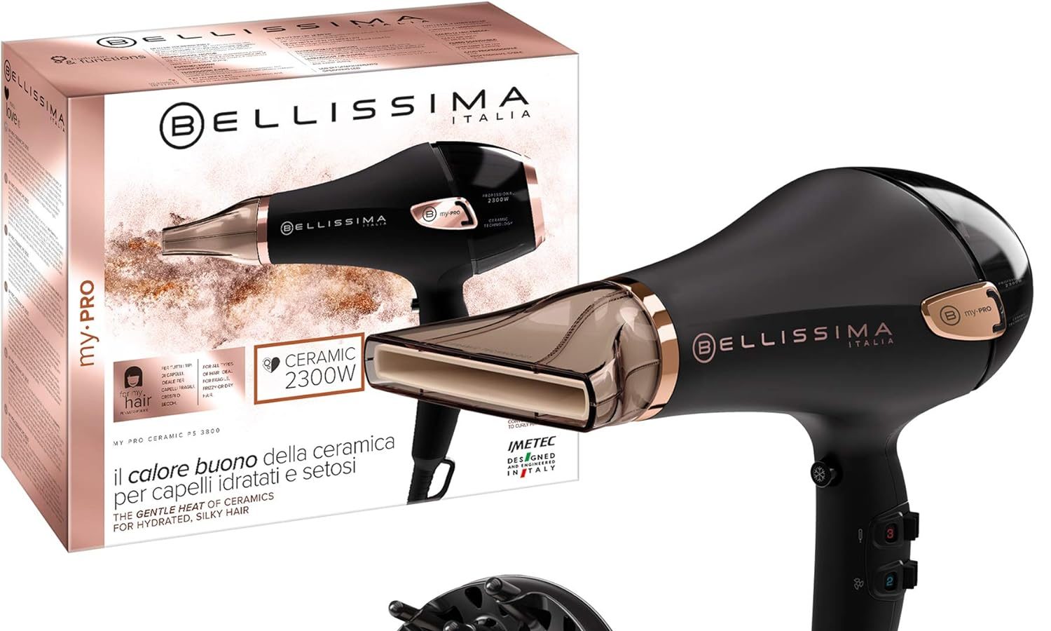 Bellissima Imetec My Pro Ceramic P5 3800, Asciugacapelli Professionale, Per Capelli Morbidi E Luminosi, Tecnologia Ceramica, Potenza 2300 Watt, Ionizzatore, Diffusore e Convogliatore Ceramico