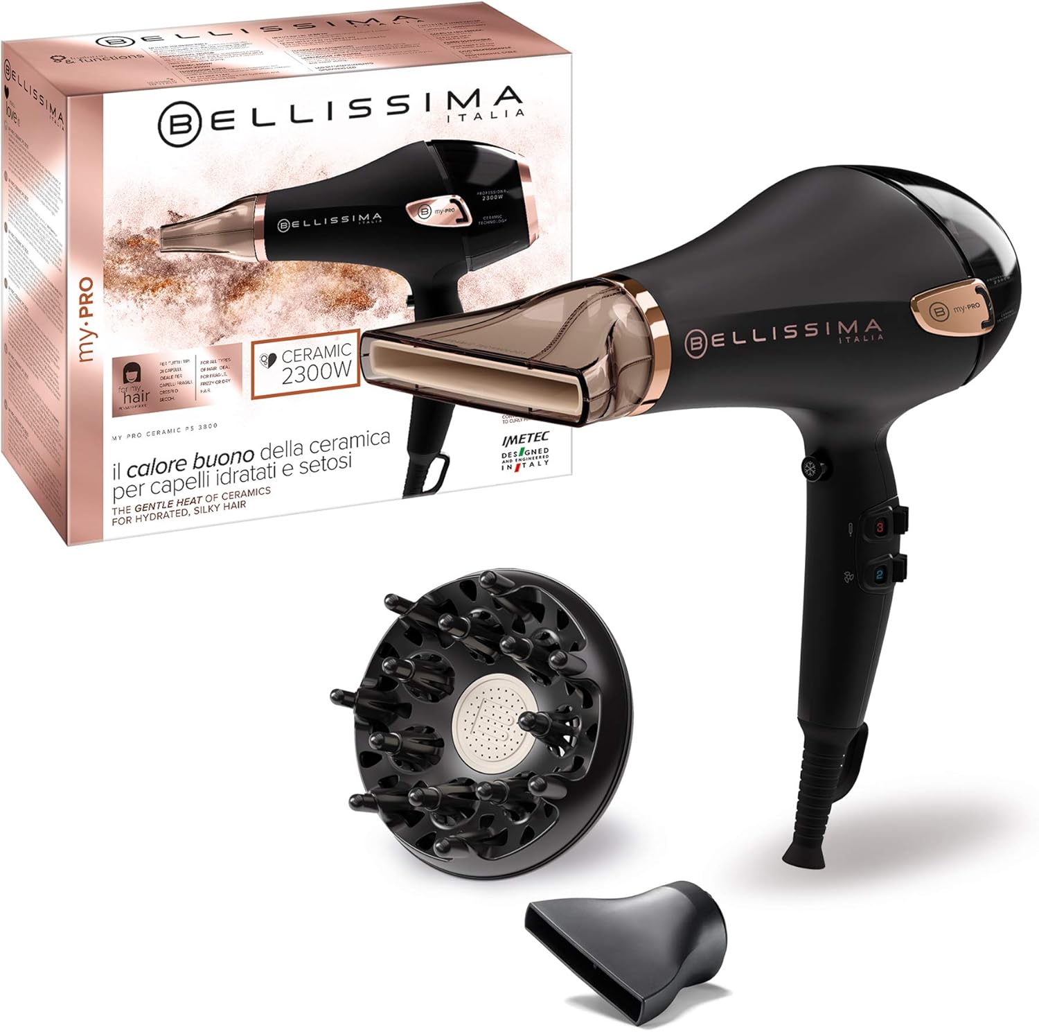 Bellissima Imetec My Pro Ceramic P5 3800, Asciugacapelli Professionale, Per Capelli Morbidi E Luminosi, Tecnologia Ceramica, Potenza 2300 Watt, Ionizzatore, Diffusore e Convogliatore Ceramico