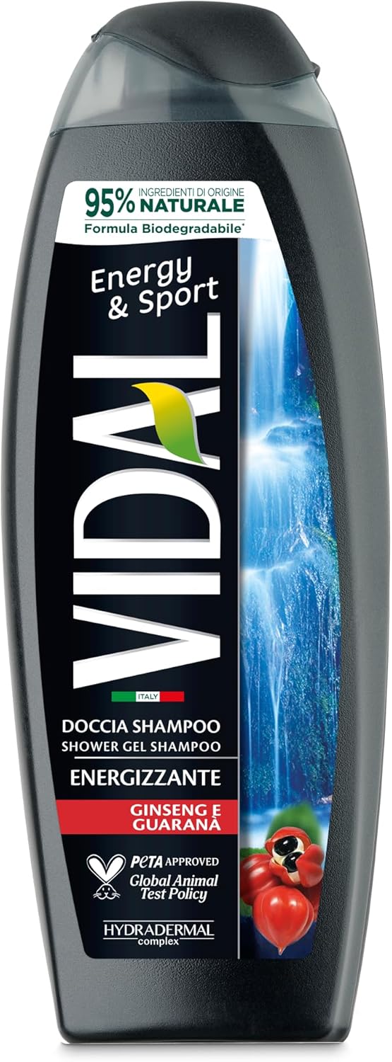 Vidal – Docciaschiuma Energy & Sport, Formula Energizzante, con estratti di Ginseng e Guaranà, Dermatologicamente Testato, 250ml