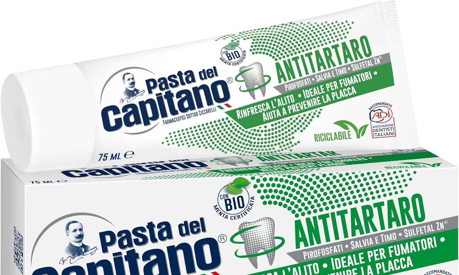 Pasta del Capitano, Dentifricio Antitartaro Bio, Dona Freschezza e Rinfresca l’Alito, Ideale per i Fumatori, Aiuta a Prevenire la Placca, 100% Made in Italy, Tubetto da 75 ml