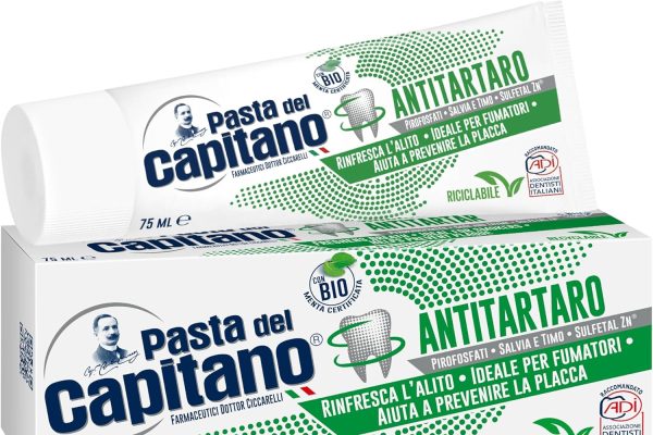 Pasta del Capitano, Dentifricio Antitartaro Bio, Dona Freschezza e Rinfresca l’Alito, Ideale per i Fumatori, Aiuta a Prevenire la Placca, 100% Made in Italy, Tubetto da 75 ml