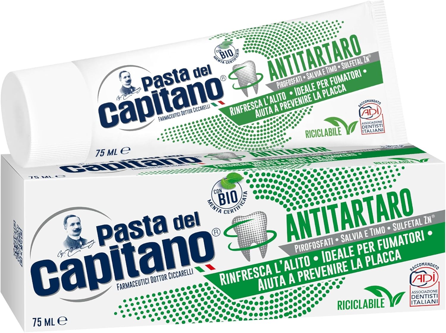 Pasta del Capitano, Dentifricio Antitartaro Bio, Dona Freschezza e Rinfresca l’Alito, Ideale per i Fumatori, Aiuta a Prevenire la Placca, 100% Made in Italy, Tubetto da 75 ml