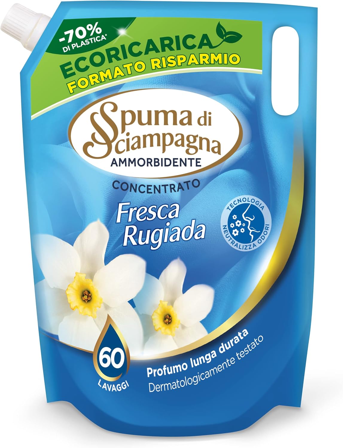 Spuma di Sciampagna Ecoricarica Ammorbidente Liquido Concentrato Fresco Puro, 60 Lavaggi, 1200 ml
