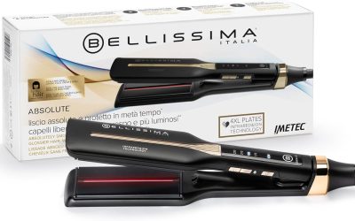 Bellissima Imetec Absolute, Piastra per capelli professionale con piastre 4XL, Infrarossi e tecnologia a ioni, Controllo del calore, Rivestimento in ceramica e cheratina, 4 Temperature, Beauty bag