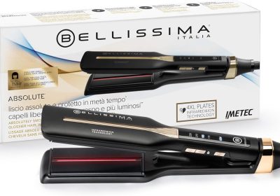 Bellissima Imetec Absolute, Piastra per capelli professionale con piastre 4XL, Infrarossi e tecnologia a ioni, Controllo del calore, Rivestimento in ceramica e cheratina, 4 Temperature, Beauty bag