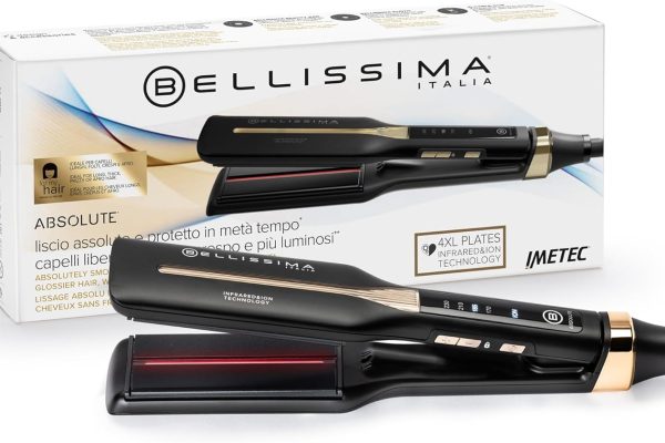 Bellissima Imetec Absolute, Piastra per capelli professionale con piastre 4XL, Infrarossi e tecnologia a ioni, Controllo del calore, Rivestimento in ceramica e cheratina, 4 Temperature, Beauty bag