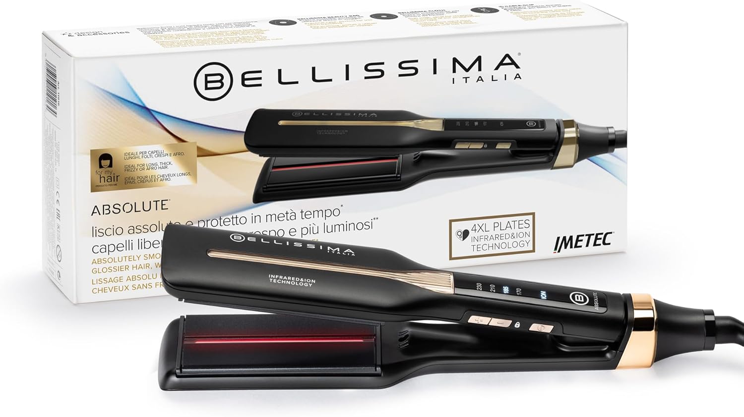 Bellissima Imetec Absolute, Piastra per capelli professionale con piastre 4XL, Infrarossi e tecnologia a ioni, Controllo del calore, Rivestimento in ceramica e cheratina, 4 Temperature, Beauty bag