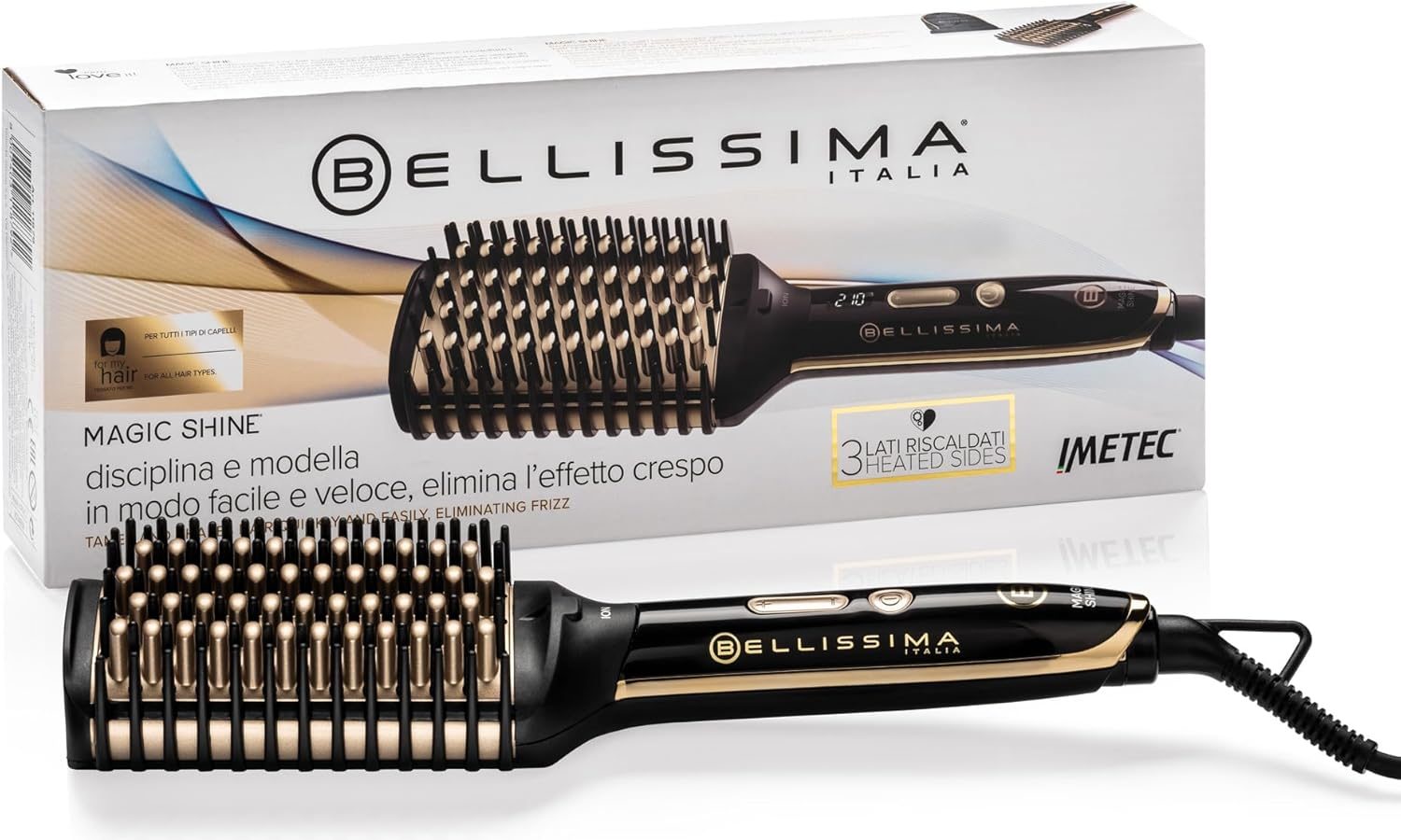 BELLISSIMA IMETEC Magic Shine, Spazzola Elettrica Lisciante, 3 Lati Esterni Riscaldati, Spegnimento automatico, Tecnologia a Ioni, Ceramica, 160 °C – 210 °C