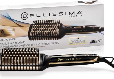 BELLISSIMA IMETEC Magic Shine, Spazzola Elettrica Lisciante, 3 Lati Esterni Riscaldati, Spegnimento automatico, Tecnologia a Ioni, Ceramica, 160 °C – 210 °C
