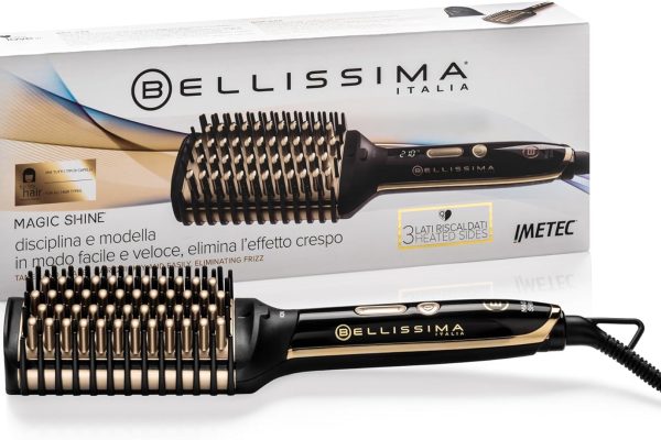 BELLISSIMA IMETEC Magic Shine, Spazzola Elettrica Lisciante, 3 Lati Esterni Riscaldati, Spegnimento automatico, Tecnologia a Ioni, Ceramica, 160 °C – 210 °C