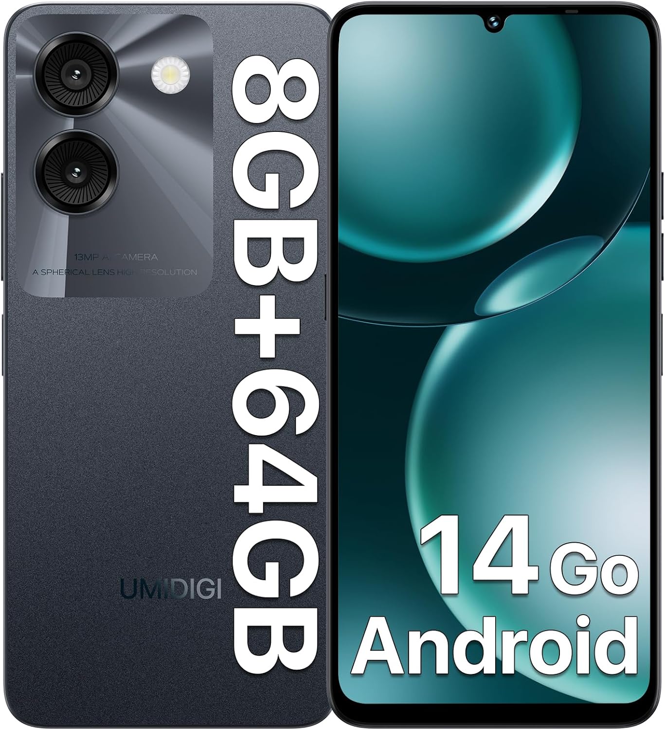 UMIDIGI G9A Smartphone, Android 14 Go Telefono Cellulare, 8GB+64GB/1TB Telefono, 6.75 Pollici HD Display, 4G Dual SIM Telefoni, Octa-Core/13MP+8MP Fotocamera/Batteria 5000mAh/Face ID/GPS/OTG – Nero