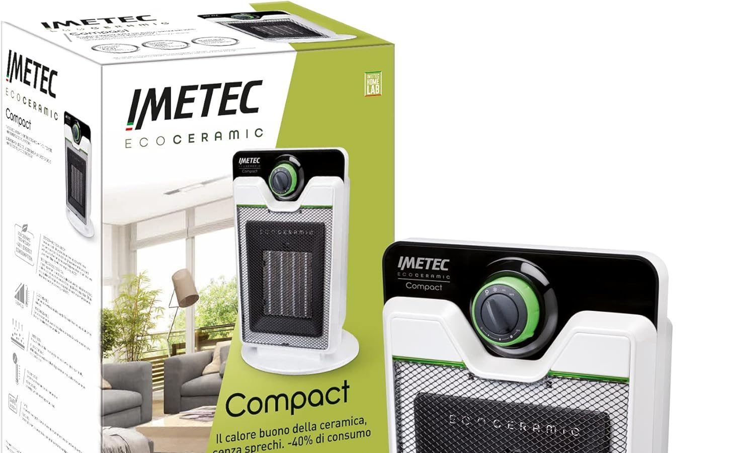 Imetec Eco Ceramic, Termoventilatore, Stufetta elettrica, Tecnologia ceramica, Basso consumo energetico, Silenzioso, 3 livelli di temperatura, Termostato ambiente