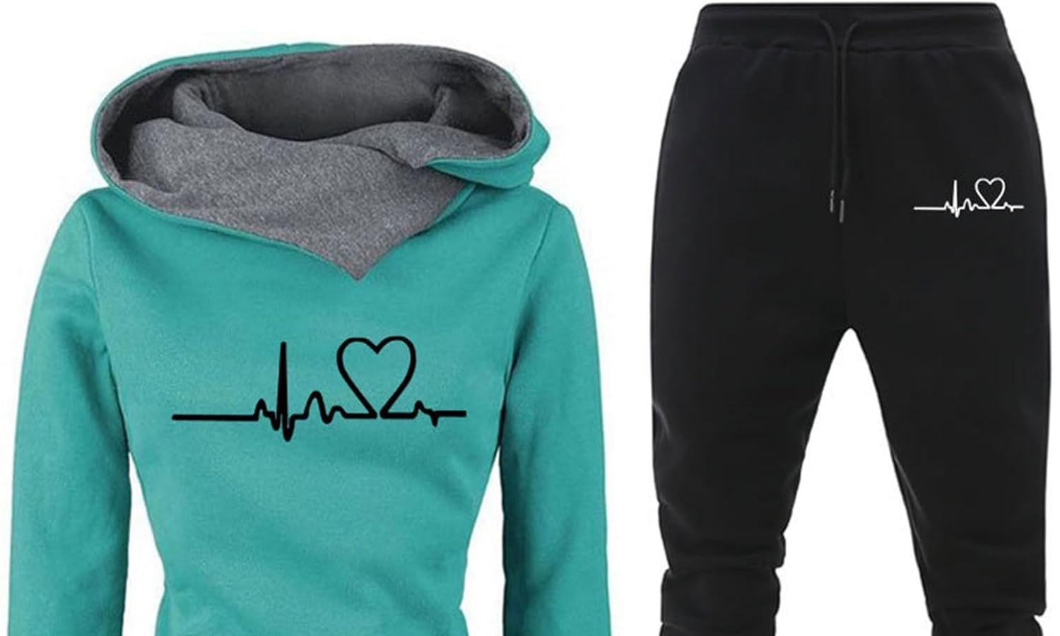 Donna Tuta Sportiva Set Stampa Forma di Cuore Maniche Lunghe Felpa con Cappuccio e Jogging Pantaloni Invernale Abbigliamento Cotone Elegante Fitness Completo Sportivo Tuta Ginnastica 2 Pezzi Curvy