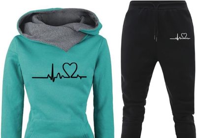 Donna Tuta Sportiva Set Stampa Forma di Cuore Maniche Lunghe Felpa con Cappuccio e Jogging Pantaloni Invernale Abbigliamento Cotone Elegante Fitness Completo Sportivo Tuta Ginnastica 2 Pezzi Curvy