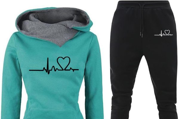 Donna Tuta Sportiva Set Stampa Forma di Cuore Maniche Lunghe Felpa con Cappuccio e Jogging Pantaloni Invernale Abbigliamento Cotone Elegante Fitness Completo Sportivo Tuta Ginnastica 2 Pezzi Curvy