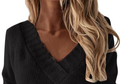 Maglione Donna Lavorato Maglia Color Block Cuciture Leopardo Caldo Tinta Unita con Scollo a V Casual Moda Pullover a Maniche Lunghe Jumper Autunno Inverno Felpato Sweatshirt Knitted Sweater