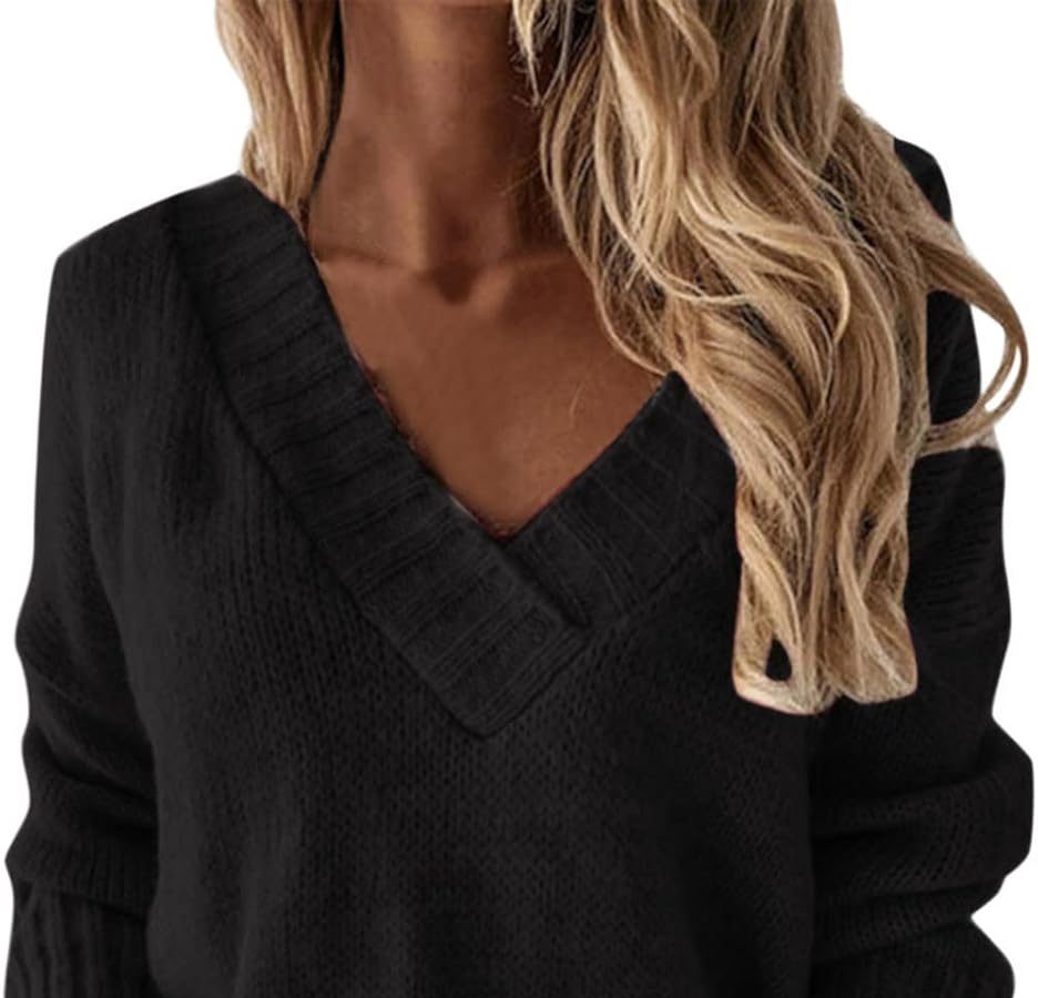 Maglione Donna Lavorato Maglia Color Block Cuciture Leopardo Caldo Tinta Unita con Scollo a V Casual Moda Pullover a Maniche Lunghe Jumper Autunno Inverno Felpato Sweatshirt Knitted Sweater